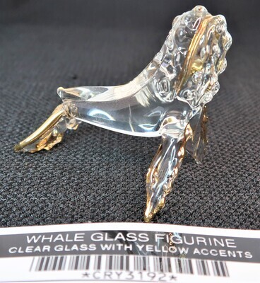 WHALE GLASS FIGURINE CLEAR GLASS WITH YELLOW ACCENTS