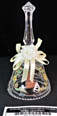 GLASS BELL WITH FLOWER DESIGN AND BOW BEAR CLAPPER