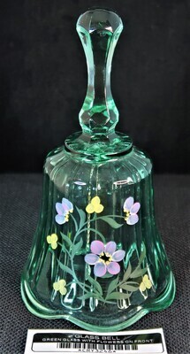 GLASS BELL GREEN GLASS WITH FLOWERS ON FRONT