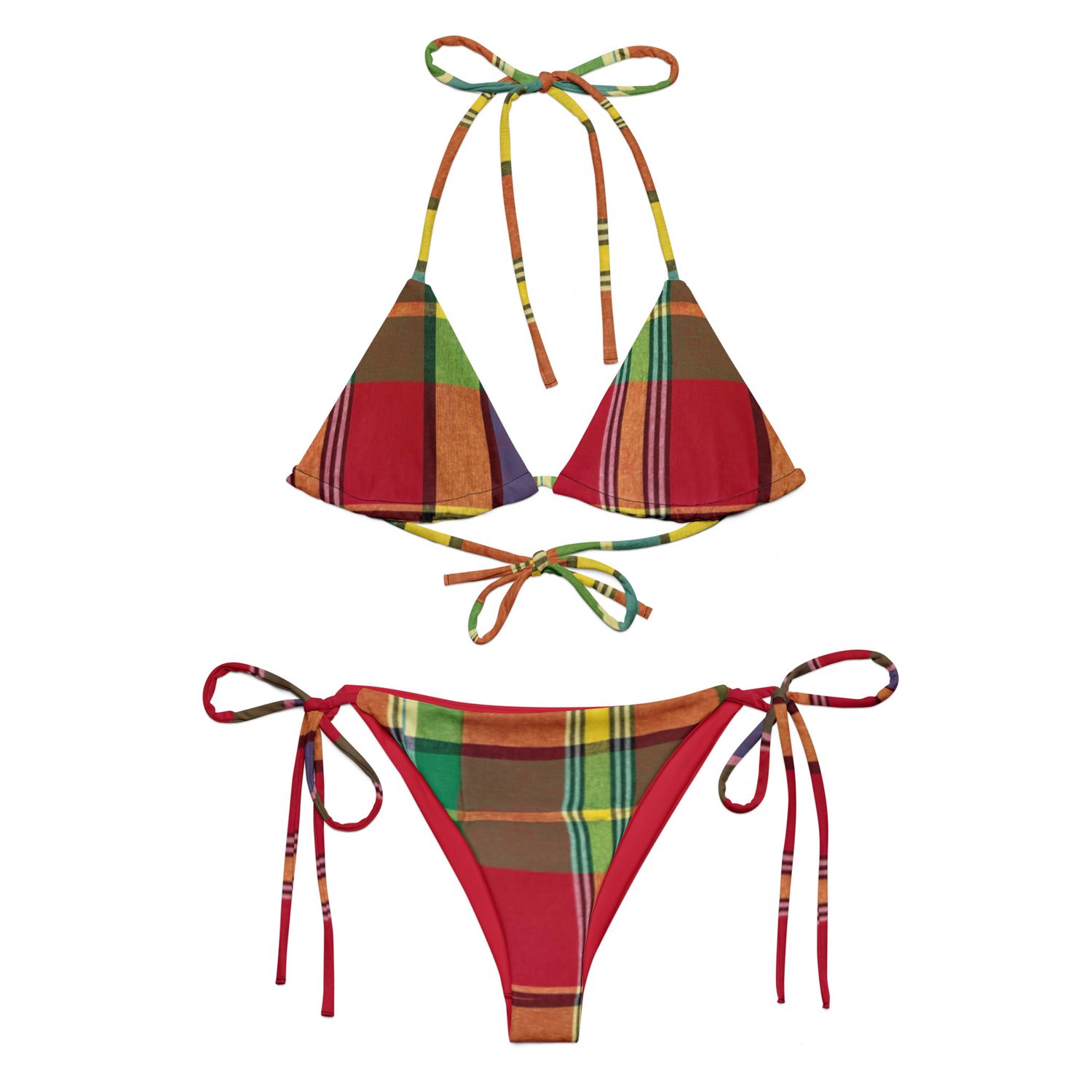 Red Madras All-over print recycled string bikini