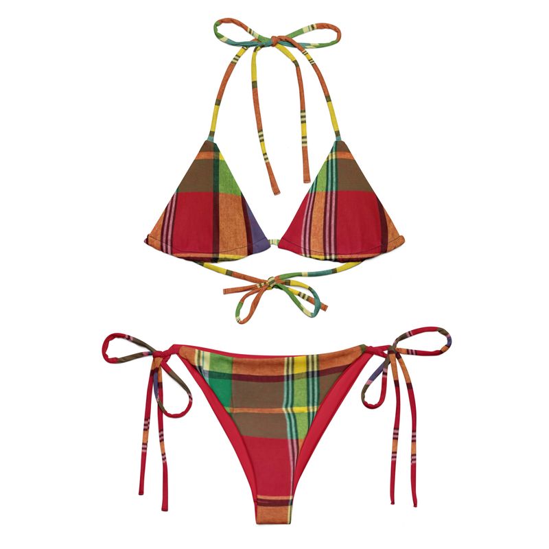 Red Madras All-over print recycled string bikini