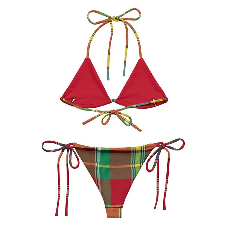 Red Madras All-over print recycled string bikini