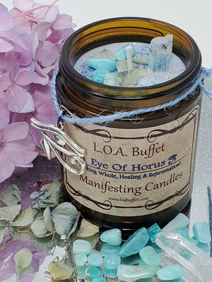 Rejuvenation & Healing Candle, Third Eye, Law Of Attraction, Eye of Horus, Hand Poured Soy Candle, Clear Quartz Crystal, Amazonite