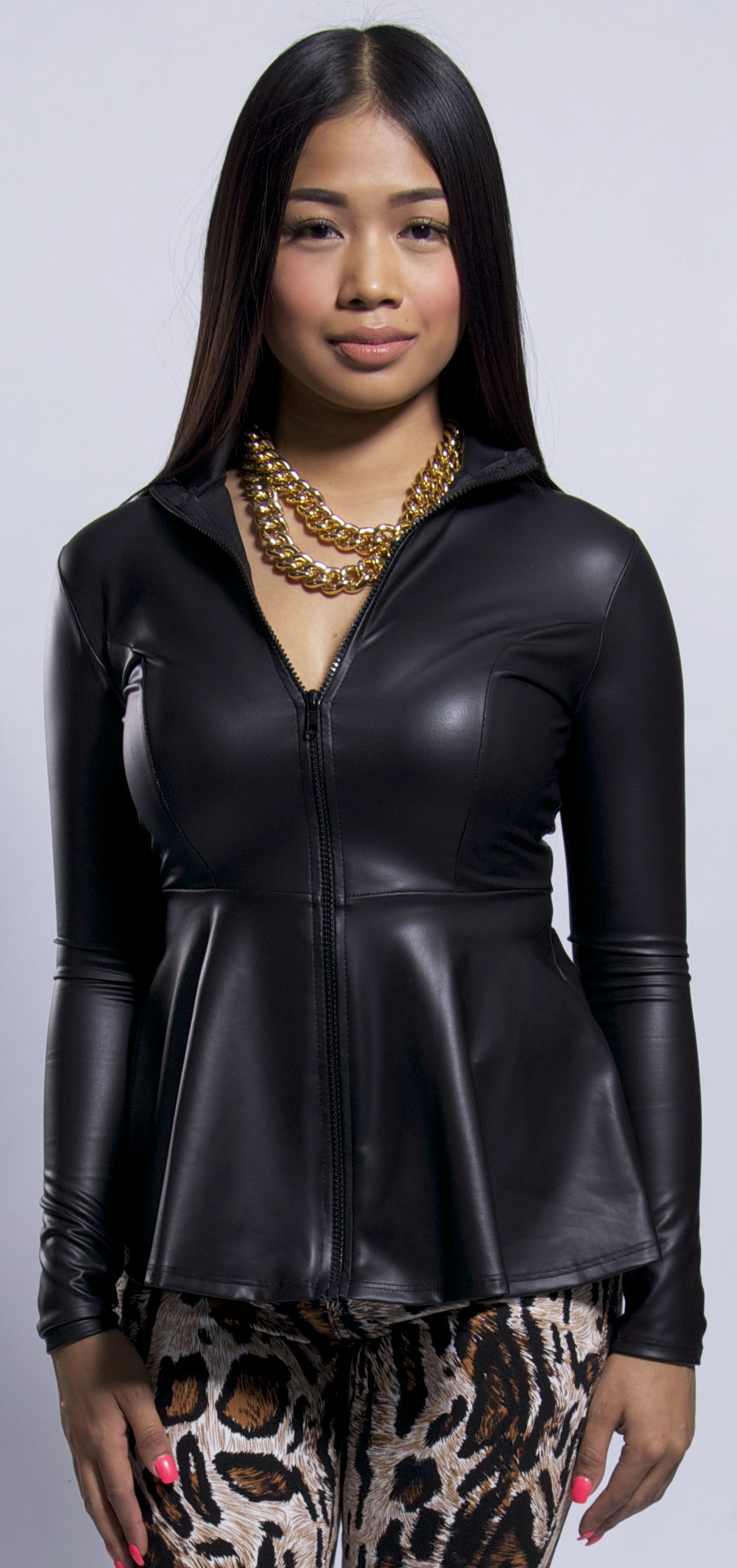 Fitted Faux Leather Peplum Top
