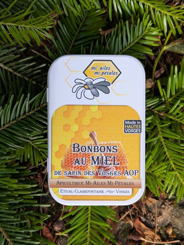 BONBONS au miel de sapin des Vosges AOP lot : Boite en fer de 50g + sachet recharge de 130g