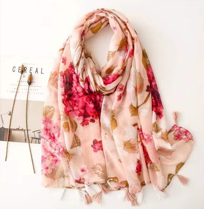 Classic Millinery PINK Floral scarf with tassles