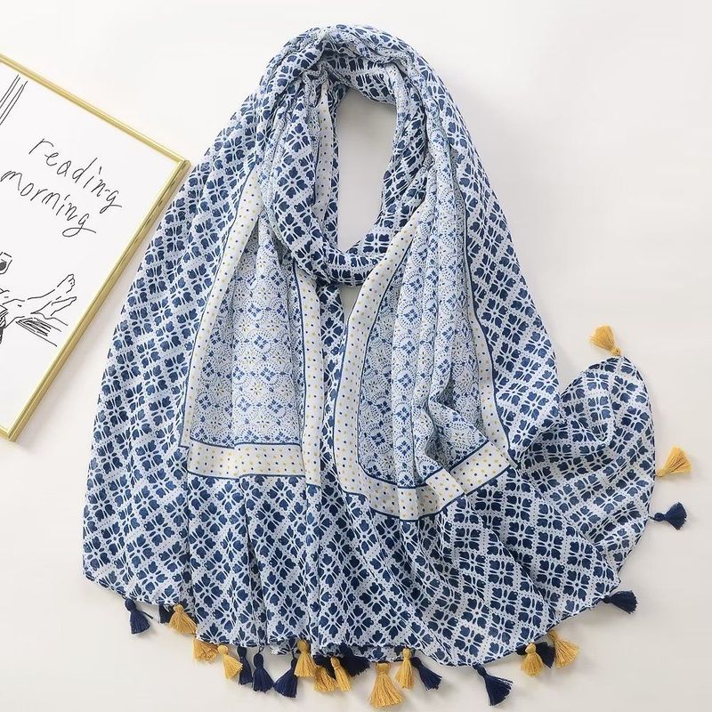 Classic Millinery Blue Check Scarf With Tassles