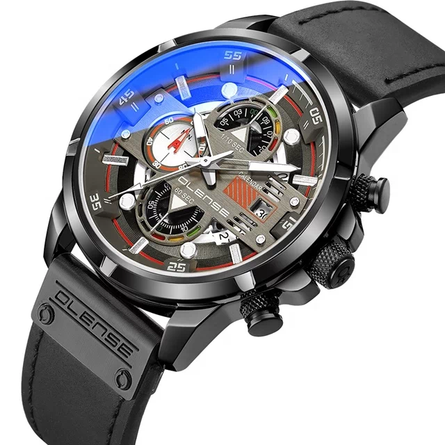 OLENSE Fashion Mens Watches Top Brand Luxury Military Quartz Watch Leather Waterproof Sport Chronograph Wristwatch
