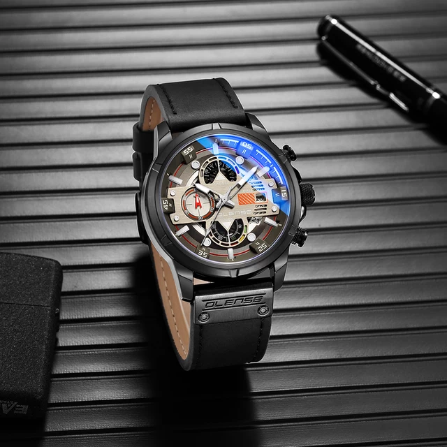OLENSE Fashion Mens Watches Top Brand Luxury Military Quartz Watch Leather Waterproof Sport Chronograph Wristwatch
