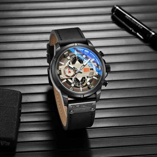 OLENSE Fashion Mens Watches Top Brand Luxury Military Quartz Watch Leather Waterproof Sport Chronograph Wristwatch