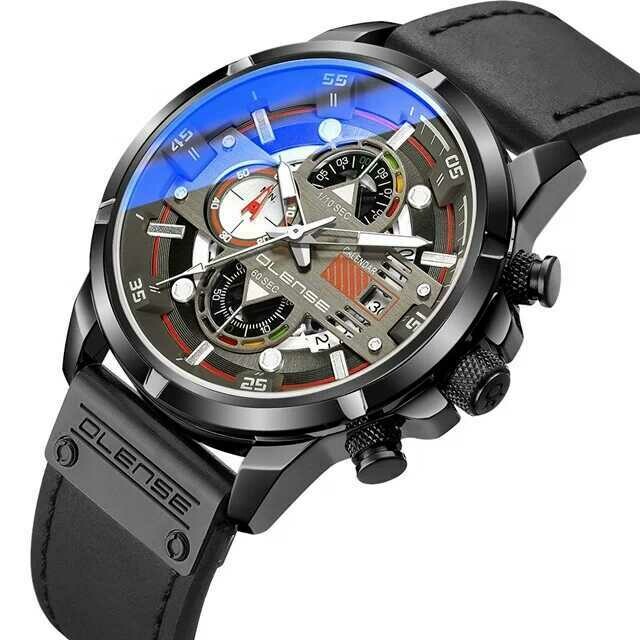 OLENSE Fashion Mens Watches Top Brand Luxury Military Quartz Watch Leather Waterproof Sport Chronograph Wristwatch
