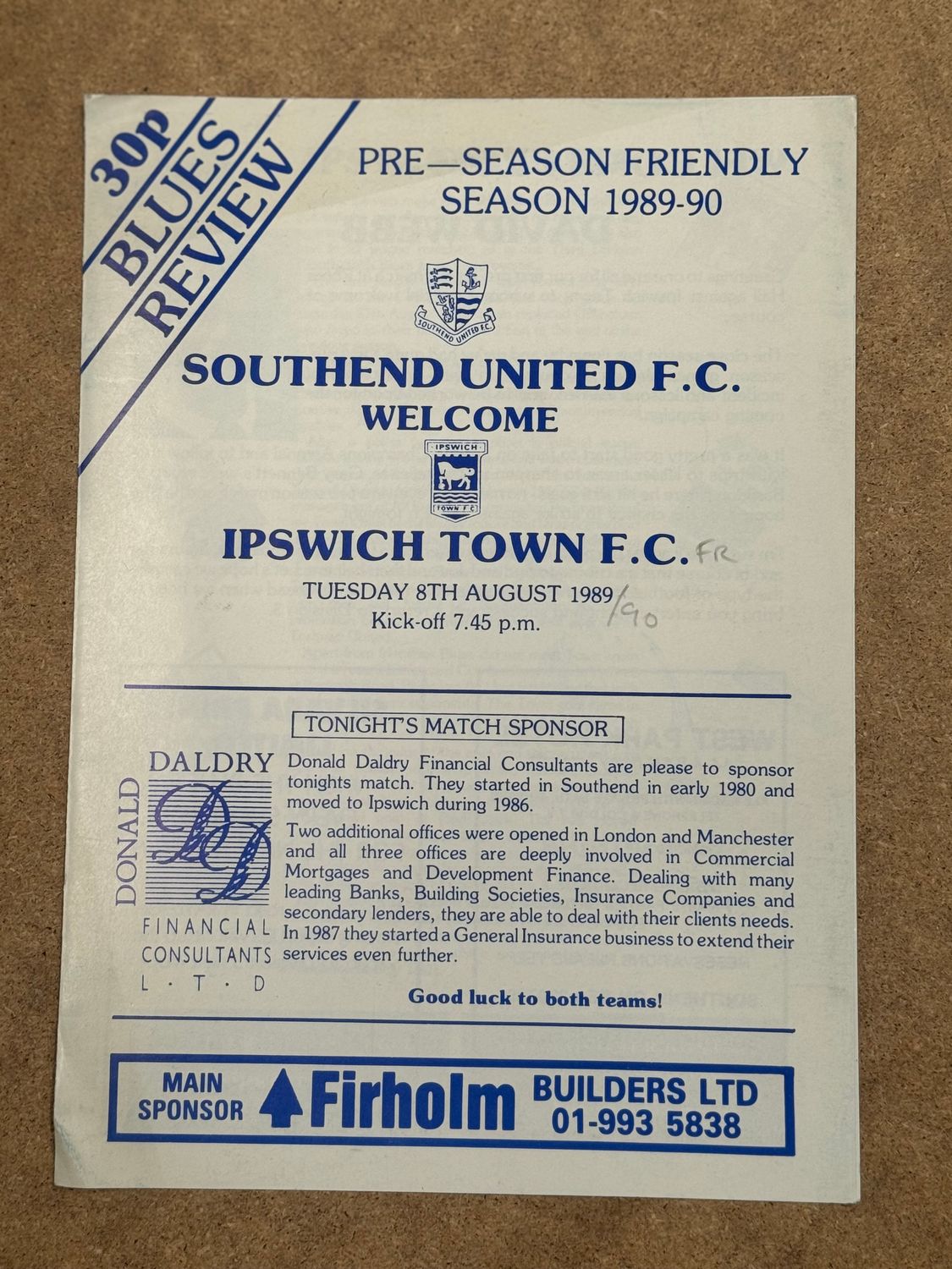Southend United v Ipswich Town  - 8/8/89