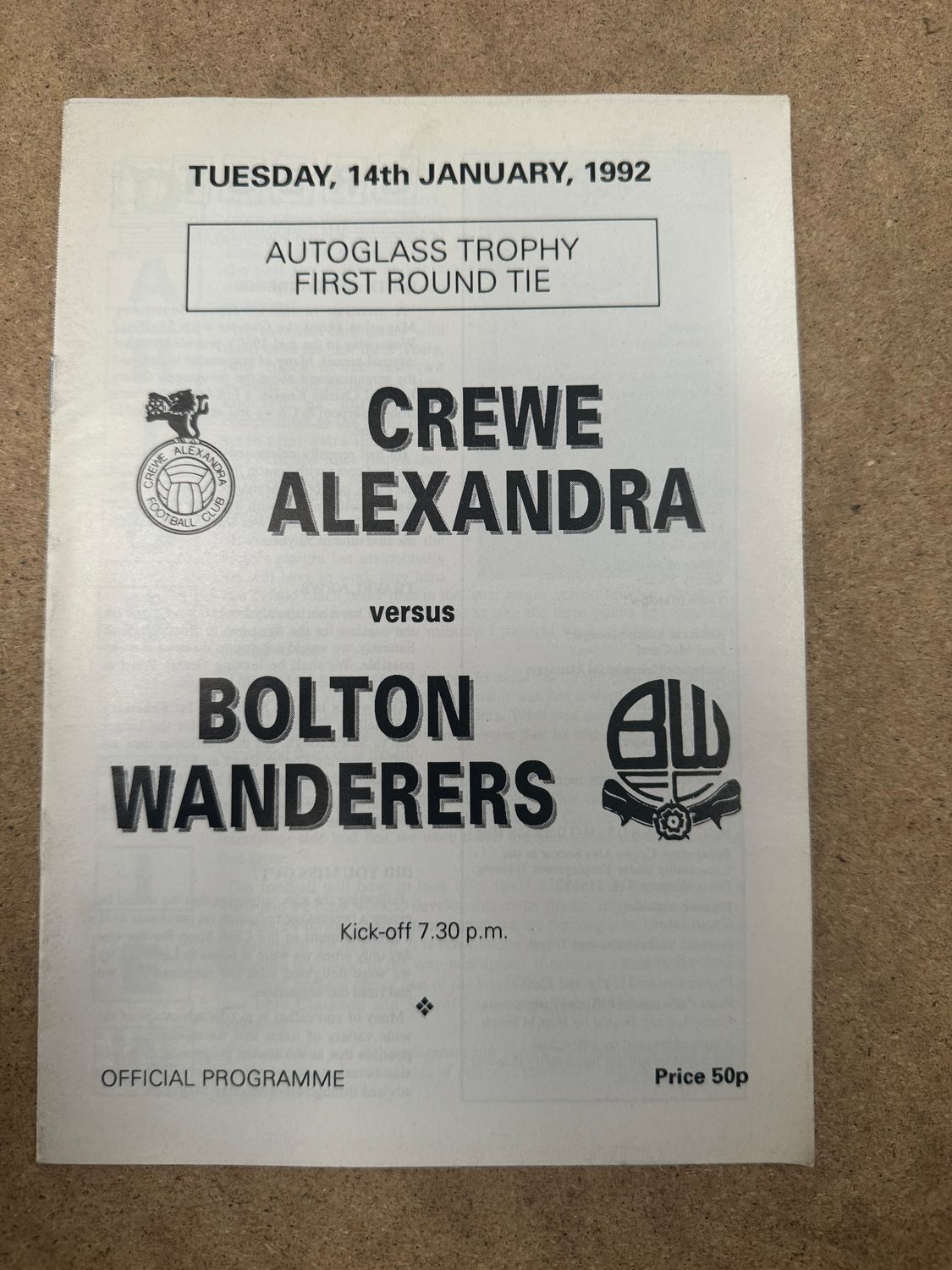 Crewe Alexandra v Bolton Wanderers - 14/1/92