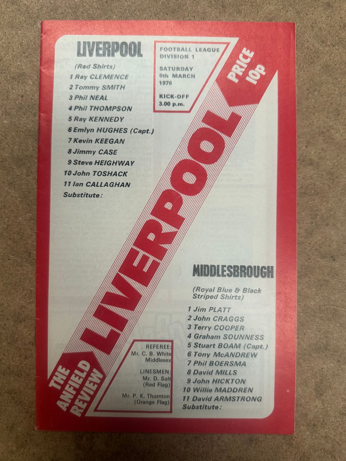 Liverpool v Middlesbrough - 6/3/76