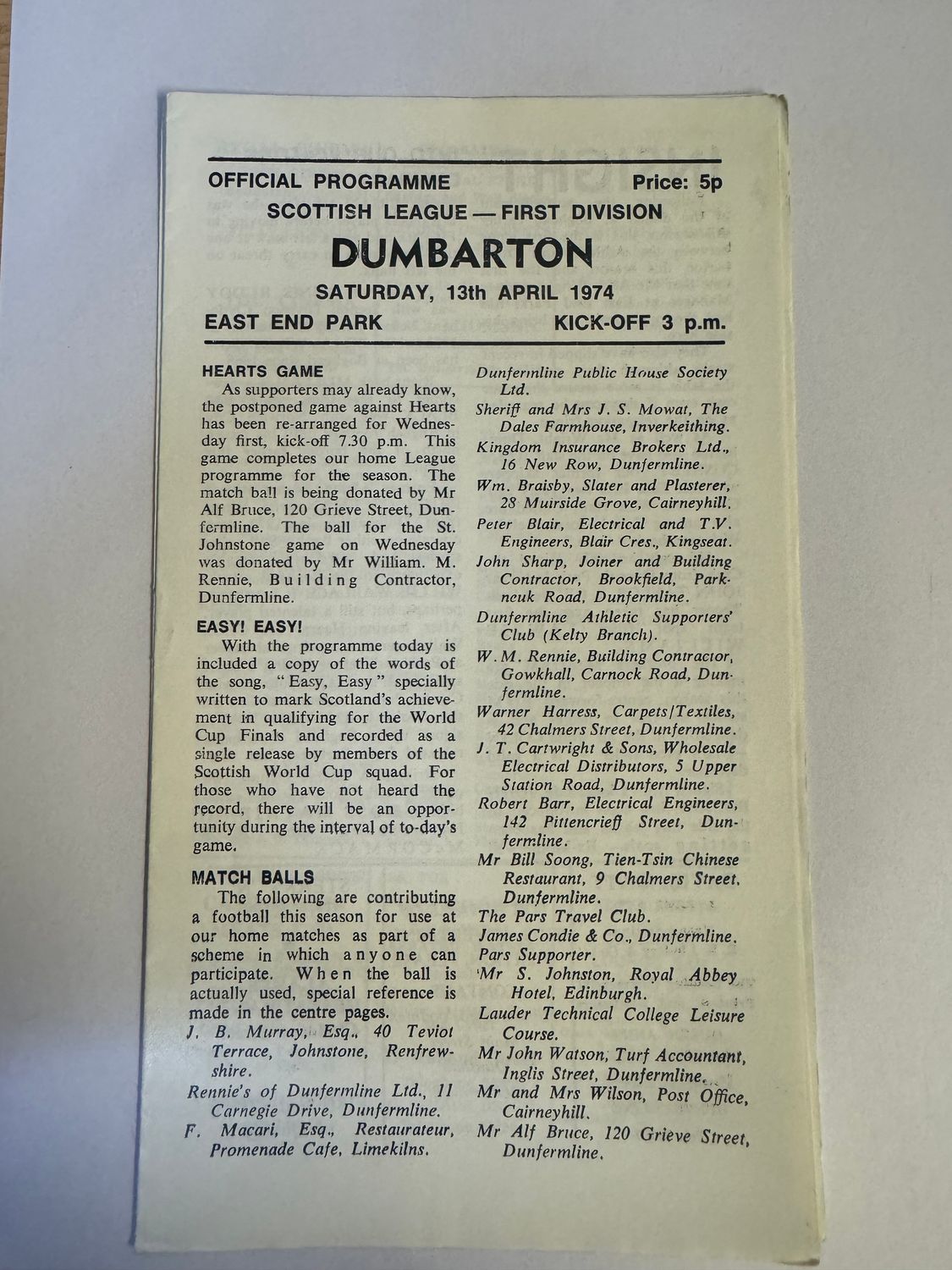 Dunfermline v Dumbarton - 13/4/74