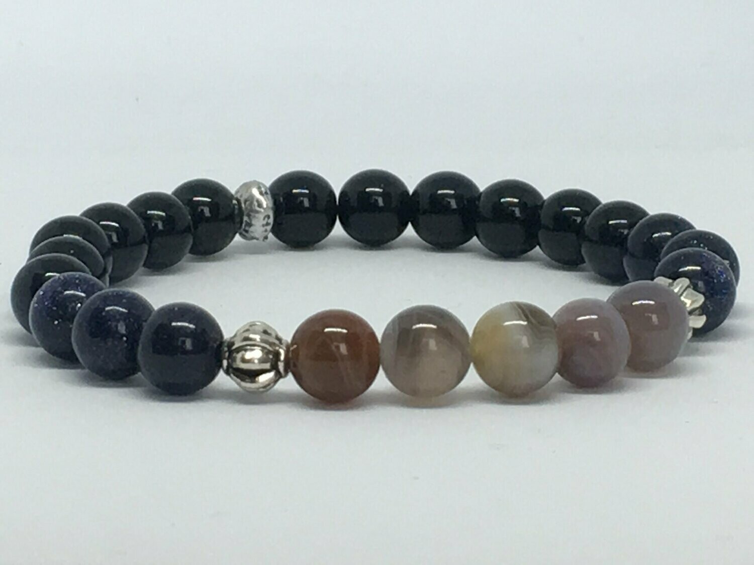 Bracelet  Onyx Noir, Blue Sand Stone et Botswana Agate 8mm