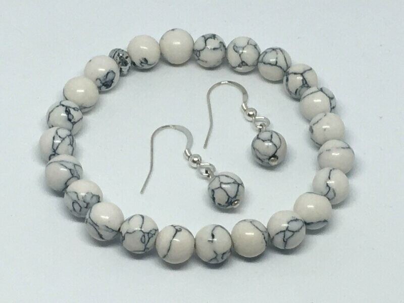 Parure Bracelet + Boucles d'Oreilles Imitation Howlite