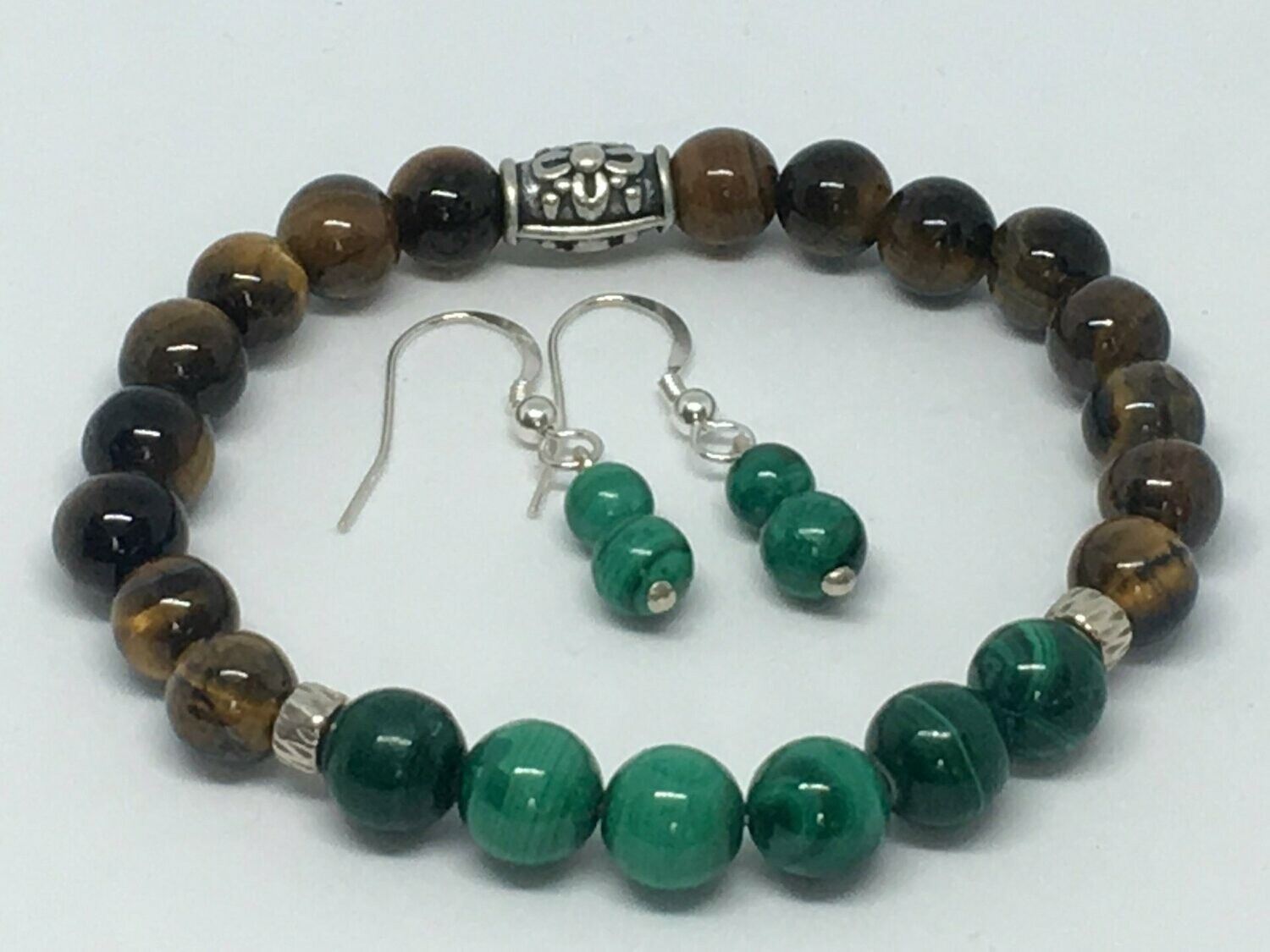 Parure Bracelet + Boucles d'Oreilles Malachite et Œil de Tigre