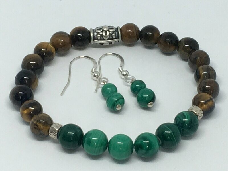 Parure Bracelet + Boucles d'Oreilles Malachite et Œil de Tigre