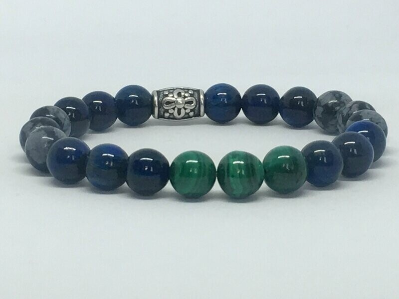Bracelet Œil de tigre naturel teint bleu, Obsidienne Mouchetée et Malachite​