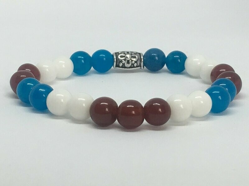 Bracelet "Tricolore", Blue Agate, Jade Blanc et Red Agate