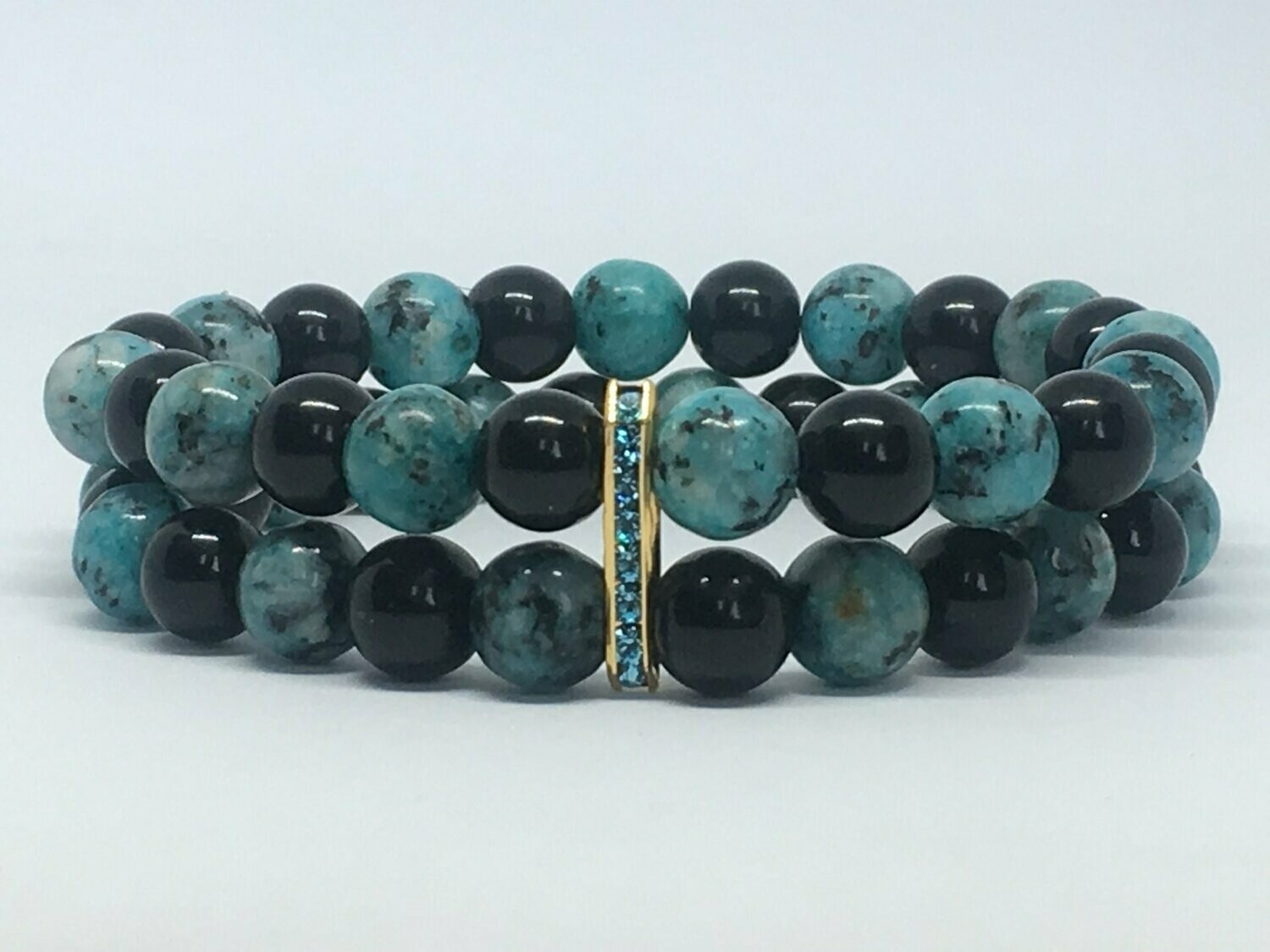 Bracelet double Rang, Perles Naturelles Tache Bleu et Onyx noir