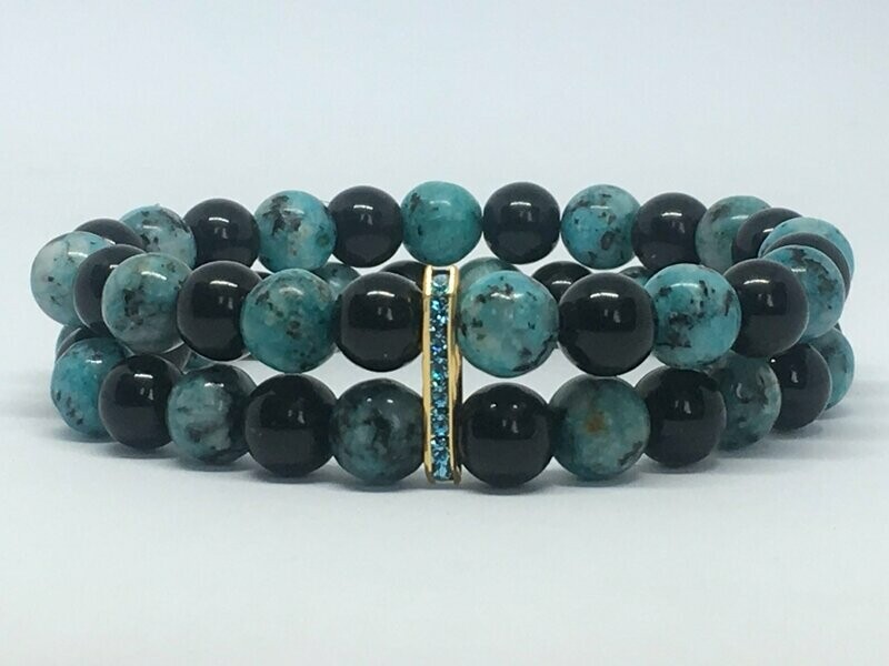 Bracelet double Rang, Perles Naturelles Tache Bleu et Onyx noir