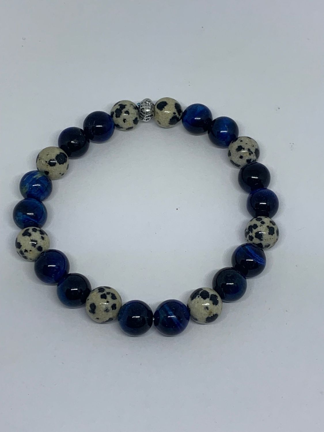 Bracelet perles pierre œil de tigre naturelle Bleu et Jaspe Dalmatien 8 mm