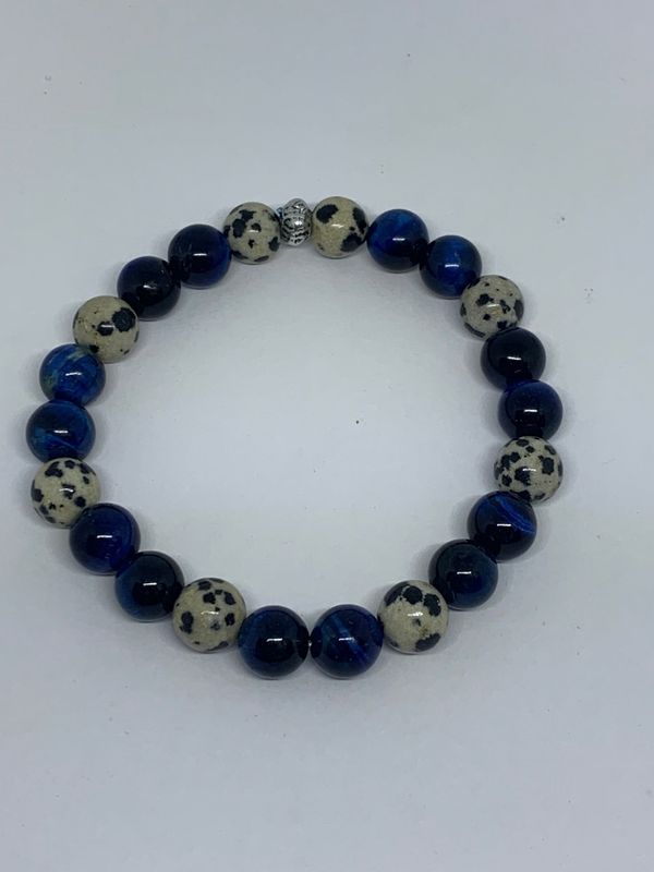Bracelet perles pierre œil de tigre naturelle Bleu et Jaspe Dalmatien 8 mm