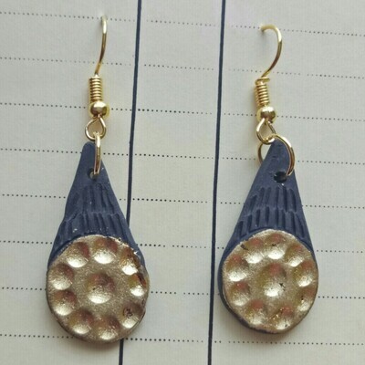 Black ceramic teardrop earrings with fine gold leaf