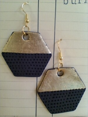 Black ceramic hexagon earrings with fine gold leaf