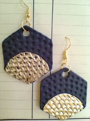 Black ceramic hexagon earrings with fine gold leaf