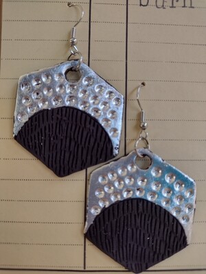 Black ceramic hexagon earrings with silver leaf