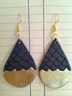 Black ceramic teardrop earrings with fine gold leaf