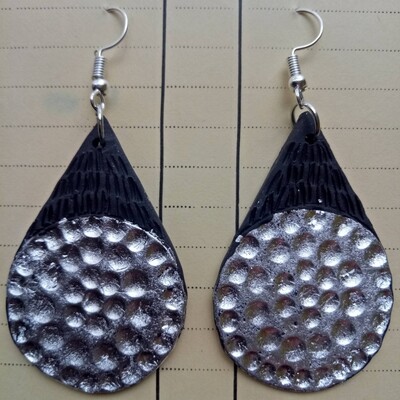 Black ceramic teardrop earrings with silver leaf