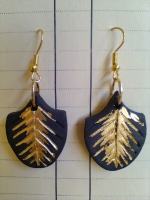 Black ceramic shield earrings with fine gold leaf