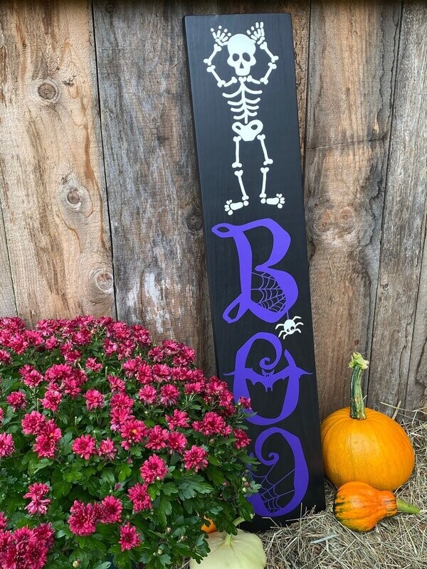 Skeleton Boo Halloween Sign. 3 Foot Tall Wooden Halloween Porch Sign. Handmade in Vermont.