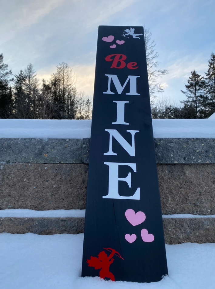 Be Mine Valentine’s Day Porch Sign. 3 Foot Tall Wooden Cupid Hearts Valentine Porch Sign. Made in Vermont.