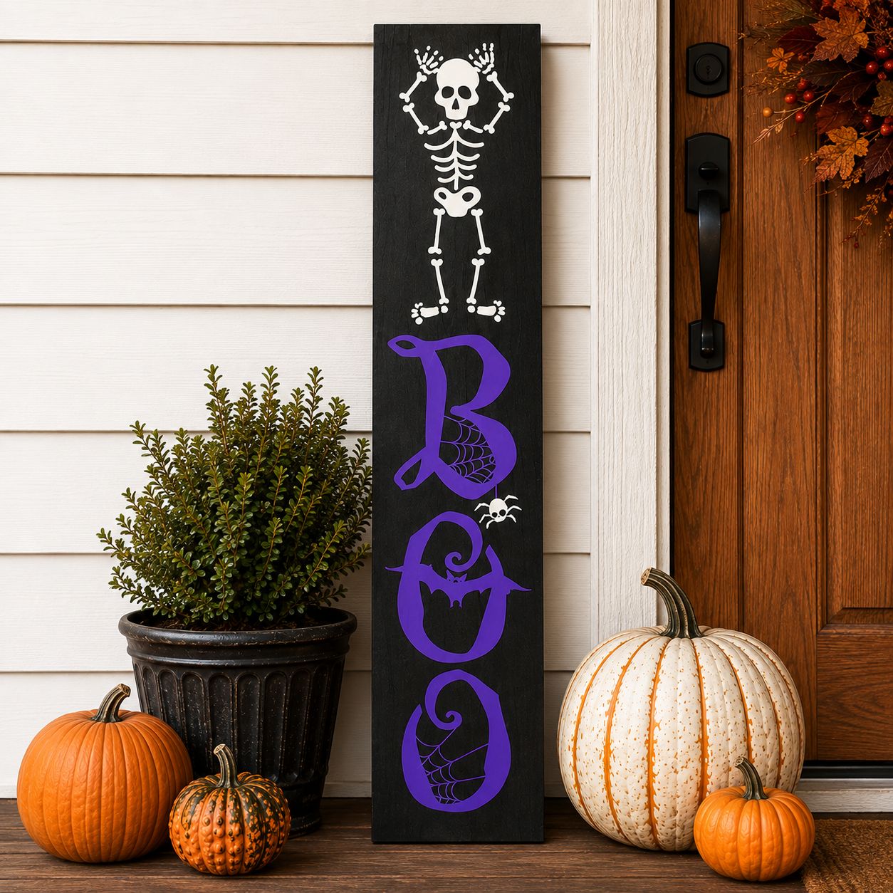 Skeleton Boo Halloween Sign. 3 Foot Tall Wooden Halloween Porch Sign. Handmade in Vermont.