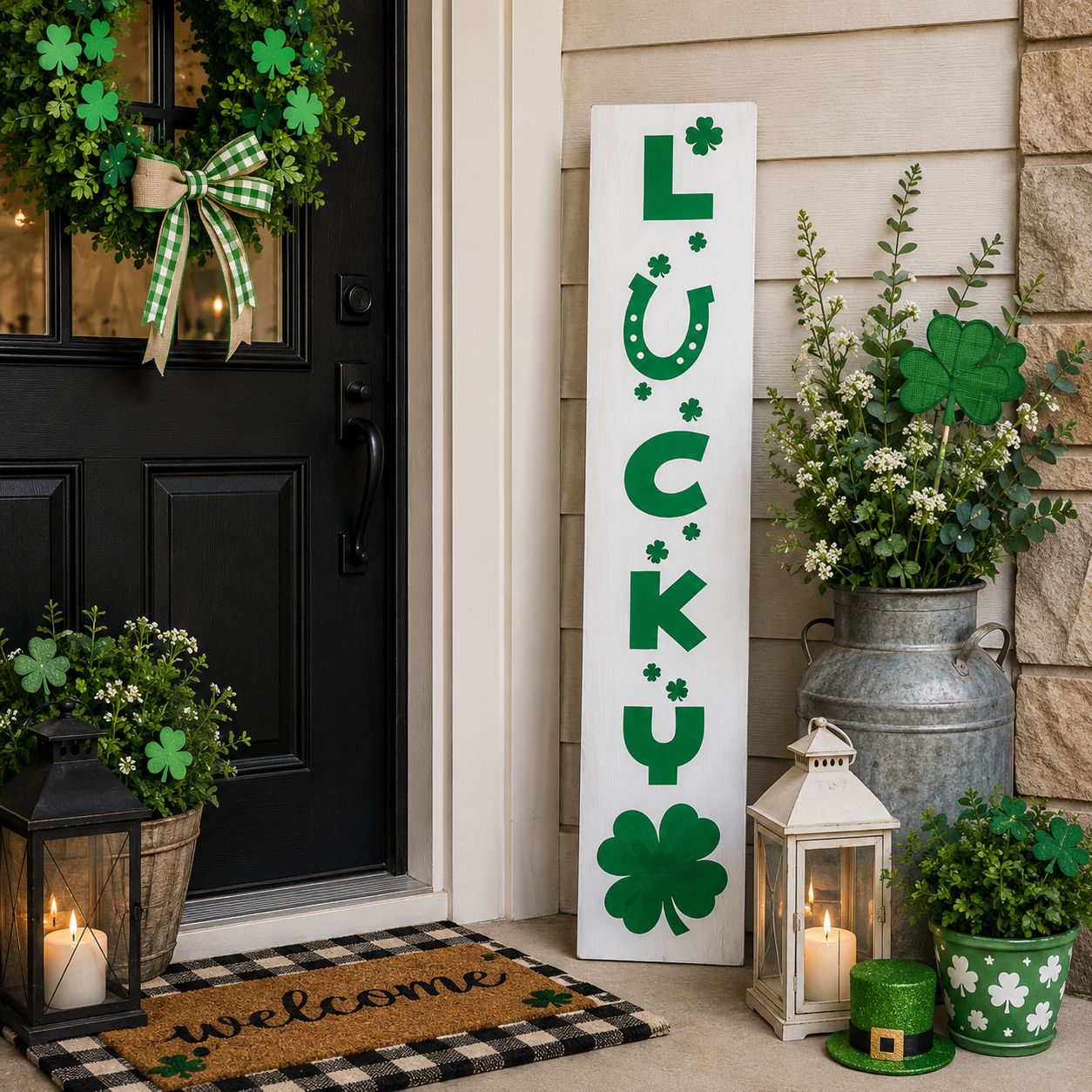 Lucky Horseshoe Shamrock St. Patrick’s Day Porch Sign. 3 Foot Tall Wooden St. Patty’s Day Porch Sign. Handmade in Vermont.