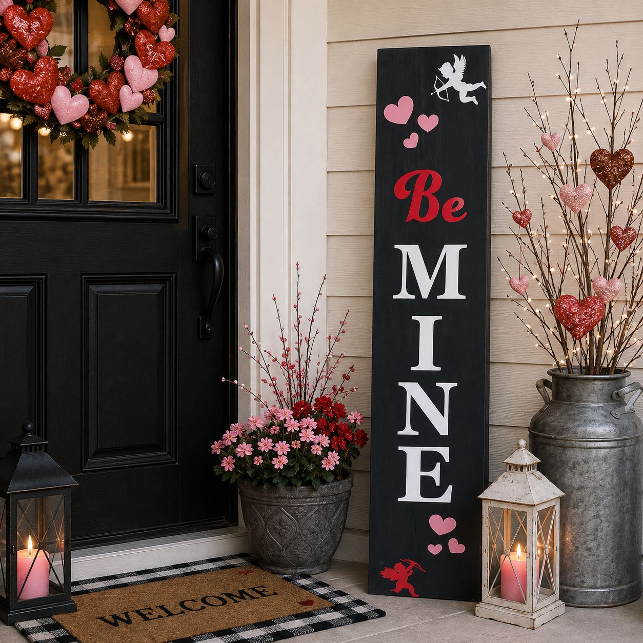 Be Mine Valentine’s Day Porch Sign. 3 Foot Tall Wooden Cupid Hearts Valentine Porch Sign. Made in Vermont.