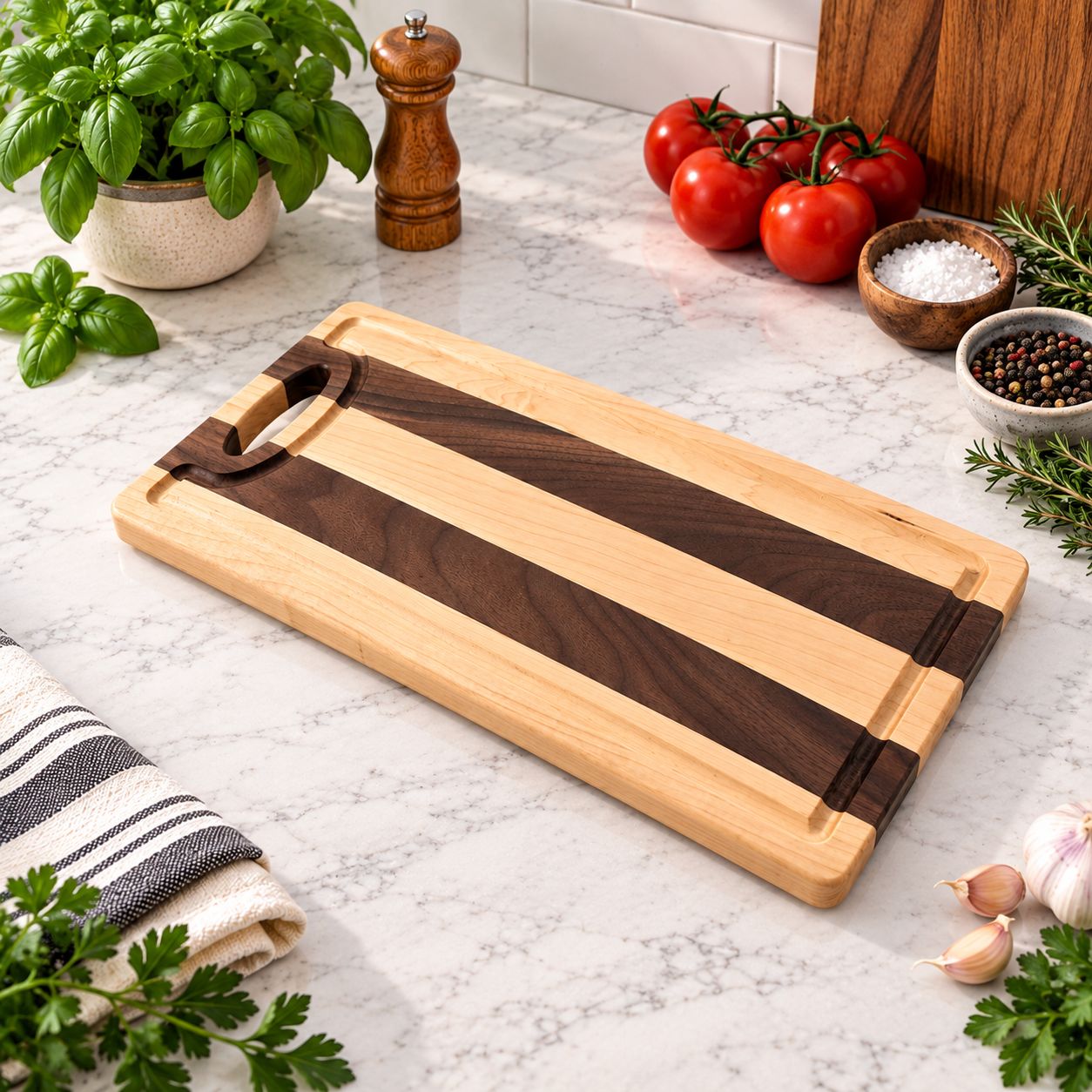 Walnut and Maple Cutting Board with Groove and Handle Cutout - 16