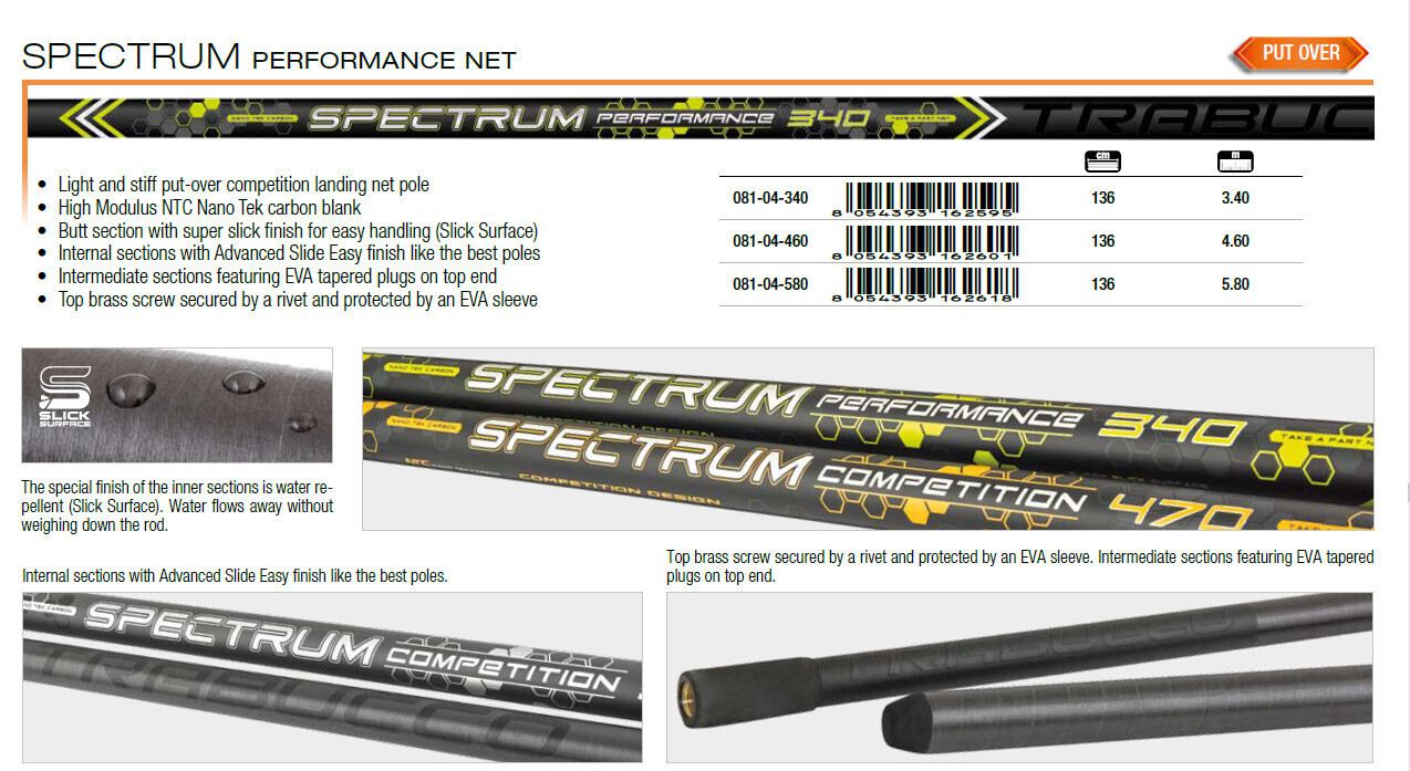 TRABUCCO TOP RANGE SPECTRUM PERFORMANCE PUT OVER NET HANDLES   various lengths