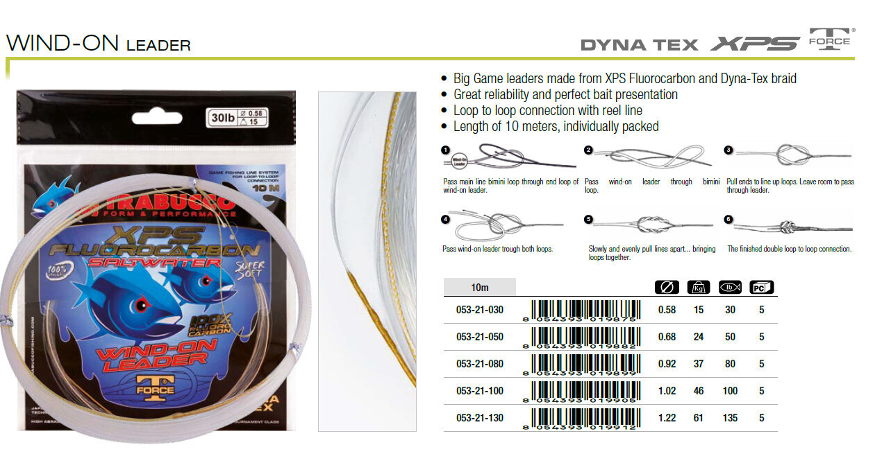 Trabucco wind on leaders Big Game leaders made from XPS Fluorocarbon and Dyna-Tex 60lb to 135lb  10m long