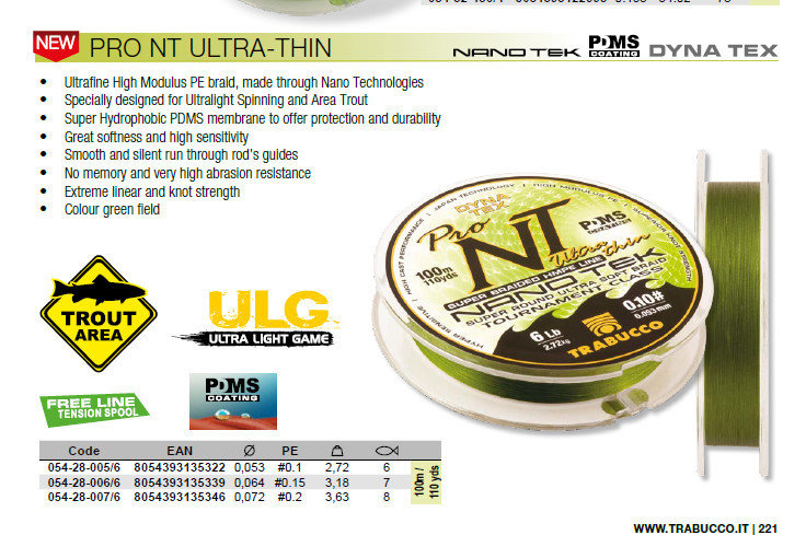 Pro NT Ultra thin lure Braid  from  0,053  pe #0.1 2,72kg   6lb  .       8lb bs now available at low cost for trials.
