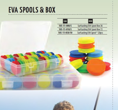 Surfcasting EVA spools 36 or 72 per racked box. Colour coded