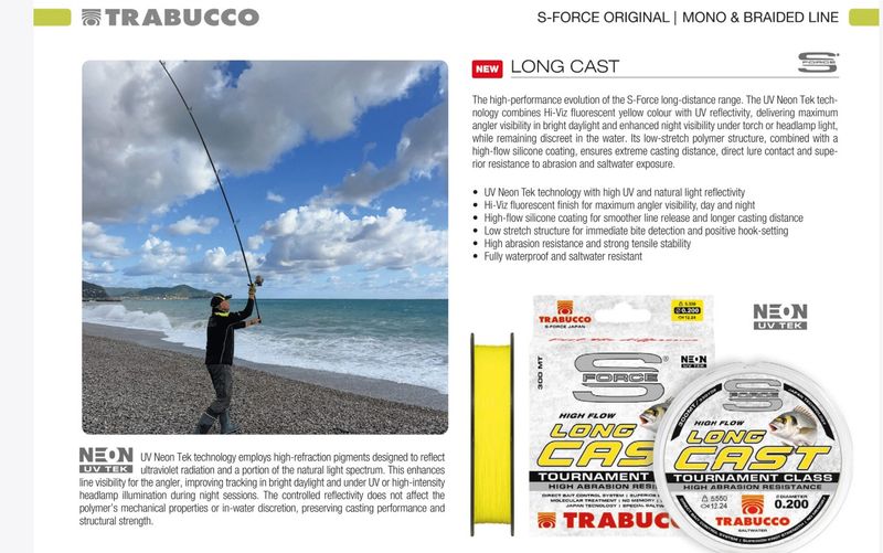 Trabucco New 2026 long cast HV 600M UV RELECTIVE SURFCASTING LINE neon tek