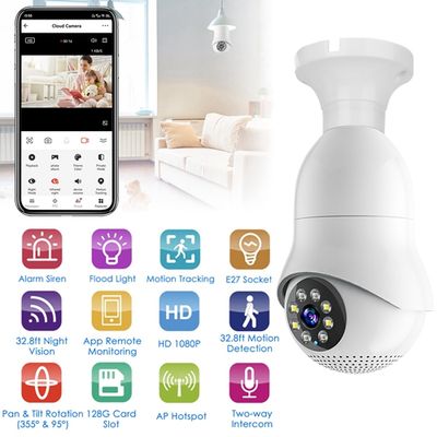 WiFi Bulb Camera 1080P FHD WiFi IP Pan Tilt Security Surveillance Camera with Two-Way Audio Night Vision Flood Light Motion Tracking Siren Function