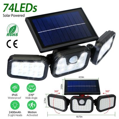 Solar Wall Lamp 74 LEDs 3 Adjustable Head Motion Sensor Flood Light IP65 Waterproof Security Light Outdoor 270° Wide Angle Light