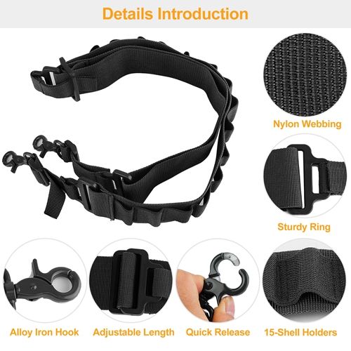 Tactical Shotgun Sling 2 Point Gun Sling Adjustable Shoulder Strap Rifle Shotgun Belts w/ 15-Shell Holders